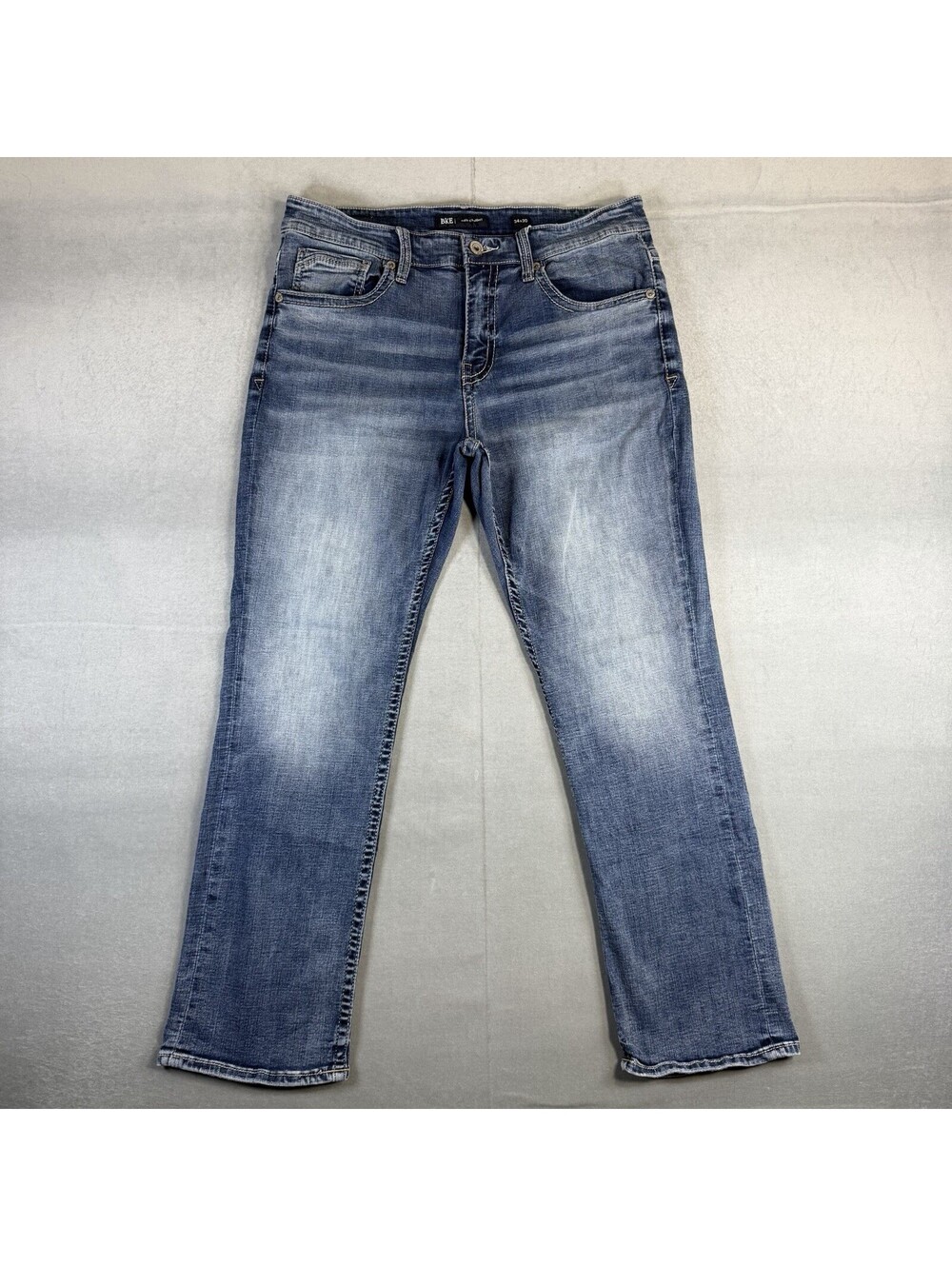 BKE Jake Straight Jeans Mens 34x30 Blue Medium Wash Whiskered Stretch Denim